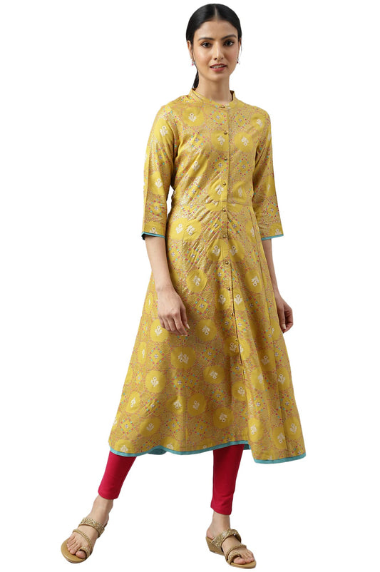 W for Woman Yellow Button Down A-line Kurta