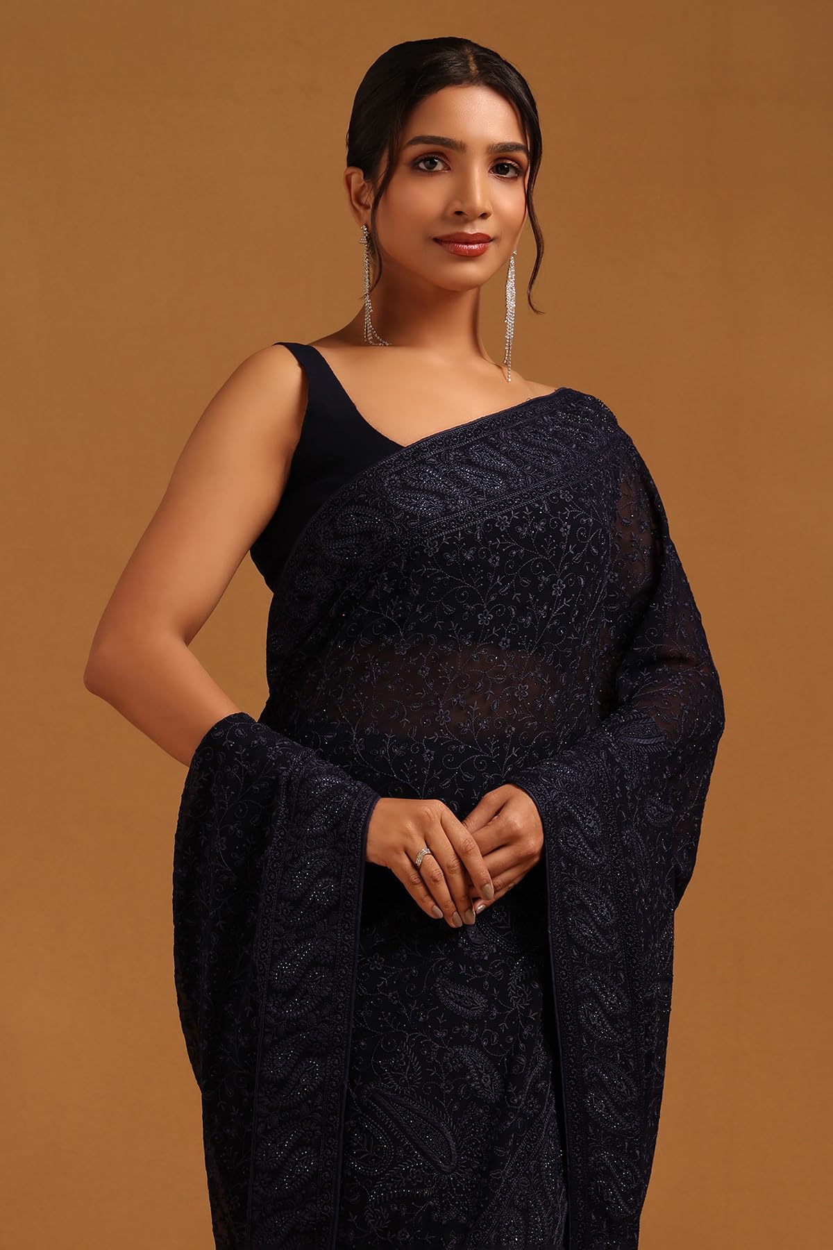 Soch Womens Navy Blue Georgette Botanical Saree With Stone Work