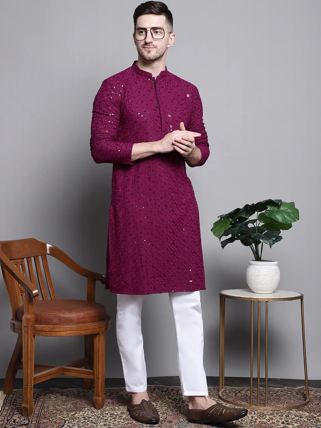 Boldwink Lucknow Chikan Men's Pure Cotton Kurta Pajama Set, Full Booty