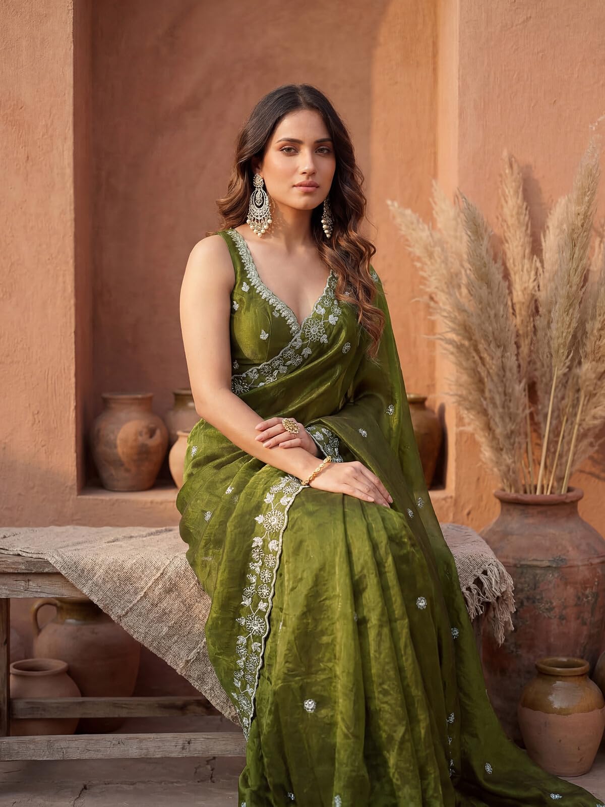 SIRIL Women's Tissue Silk Scalloped Border Embellished Sequins Embroidery Saree with Unstitched Blouse Piece (4793S141A_Mehndi Green)