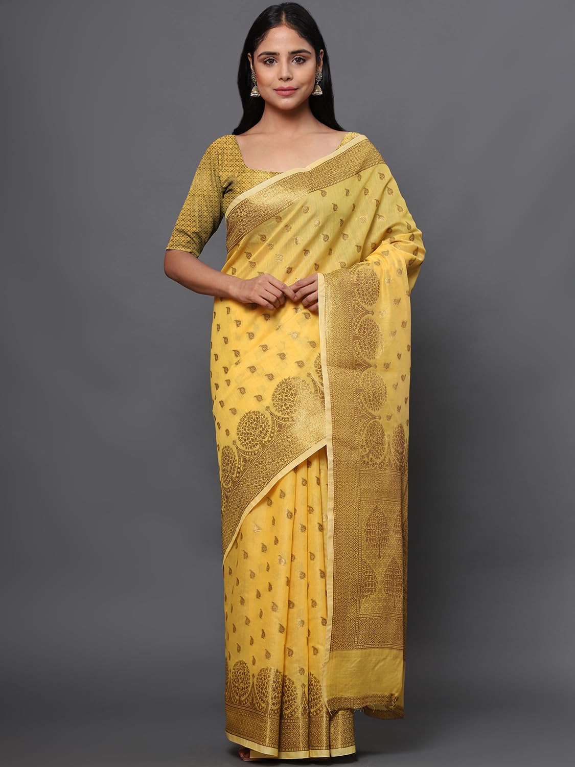 leeza store Women's Yellow Cotton Silk Blend Golden Zari Tree Pattern Border Rich Pallu Banarasi Saree With Blouse Piece