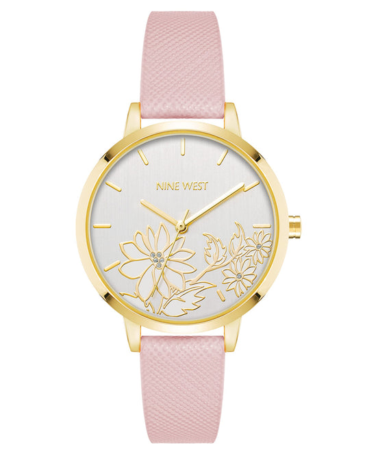 Nine West Women's Analog Watch, Light Pink Saffiano Faux Leather Strap, Vegan Leather Strap, Limited Movement, Second Hand Feature, Silver-Tone Dial with Floral Design