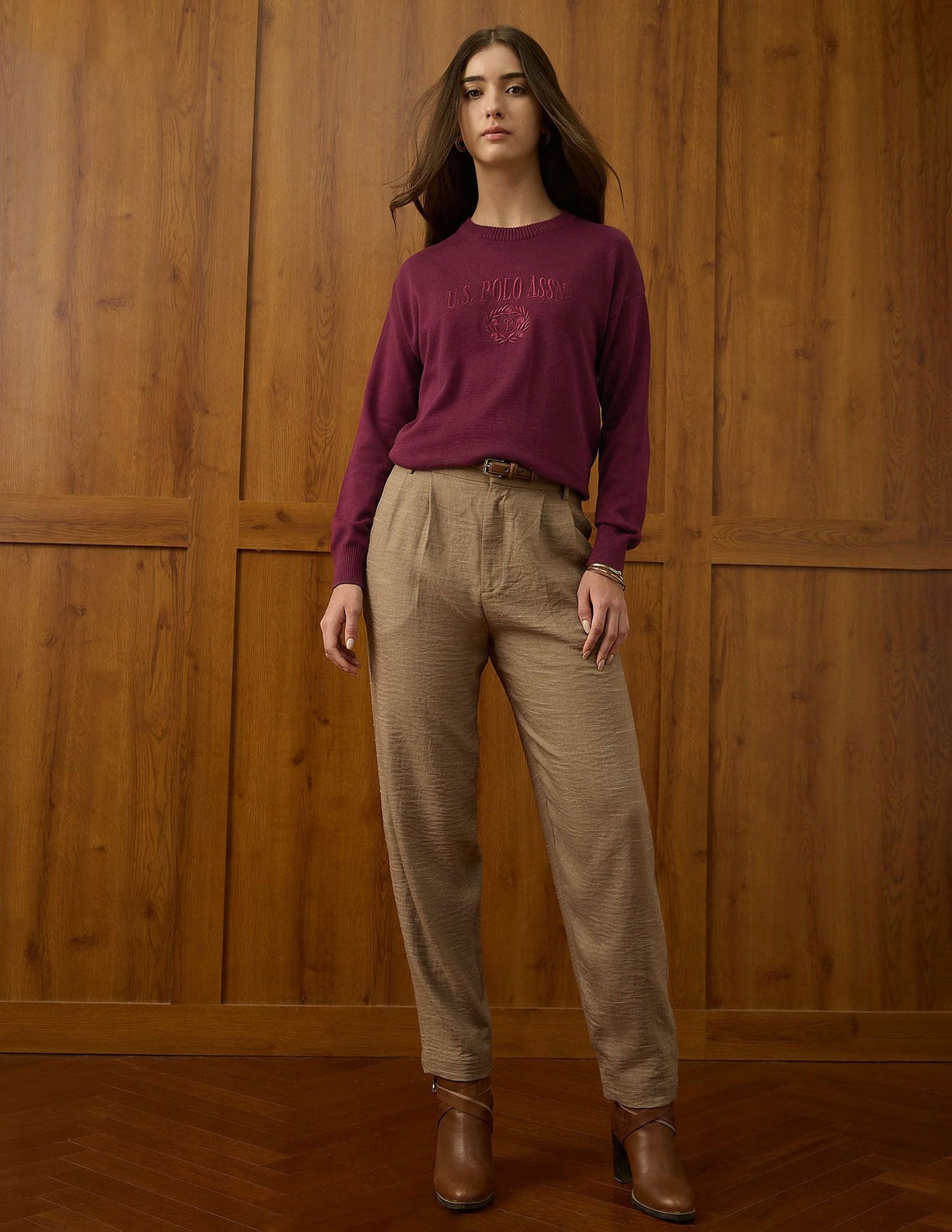 U.S. Polo ASSN. Women Relaxed Fit Drop Shoulder Sweatshirt (UWAW25SWE208_Maroon_L)