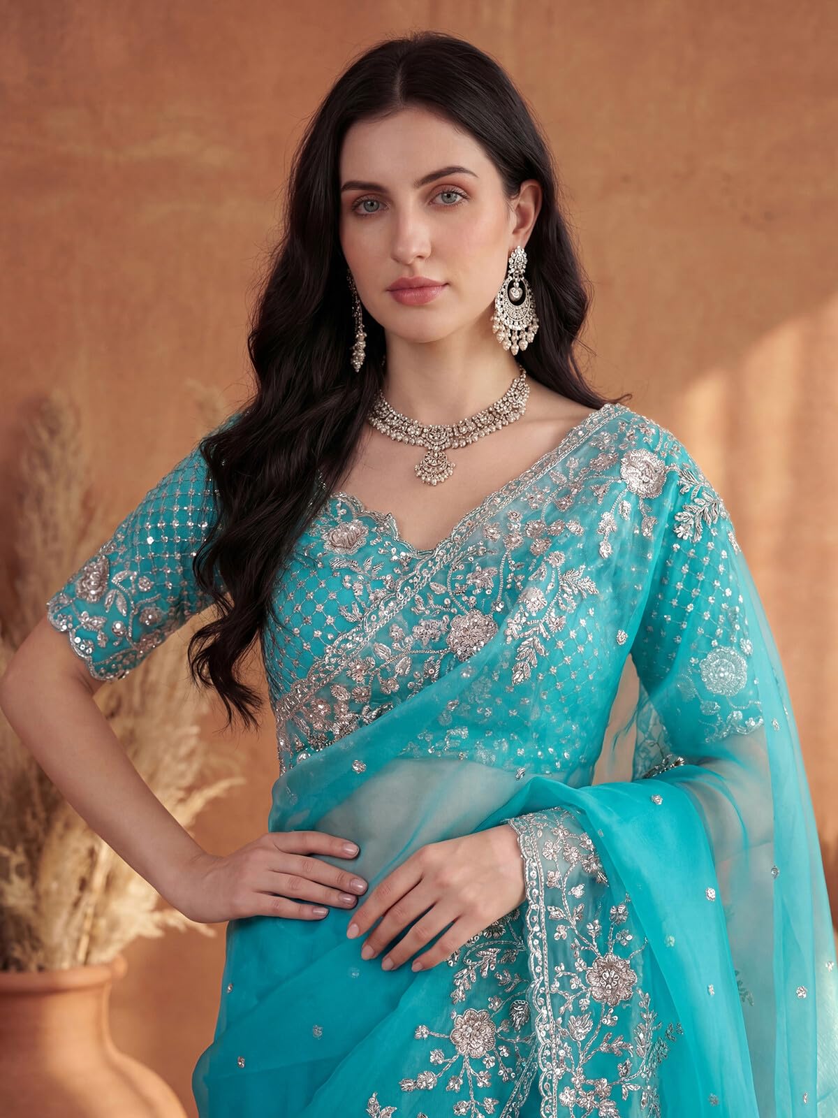 SIRIL Women's Organza Scalloped Border Embellished Sequins Embroidery Saree with Unstitched Blouse Piece (4472S118A_Turquoise Blue)