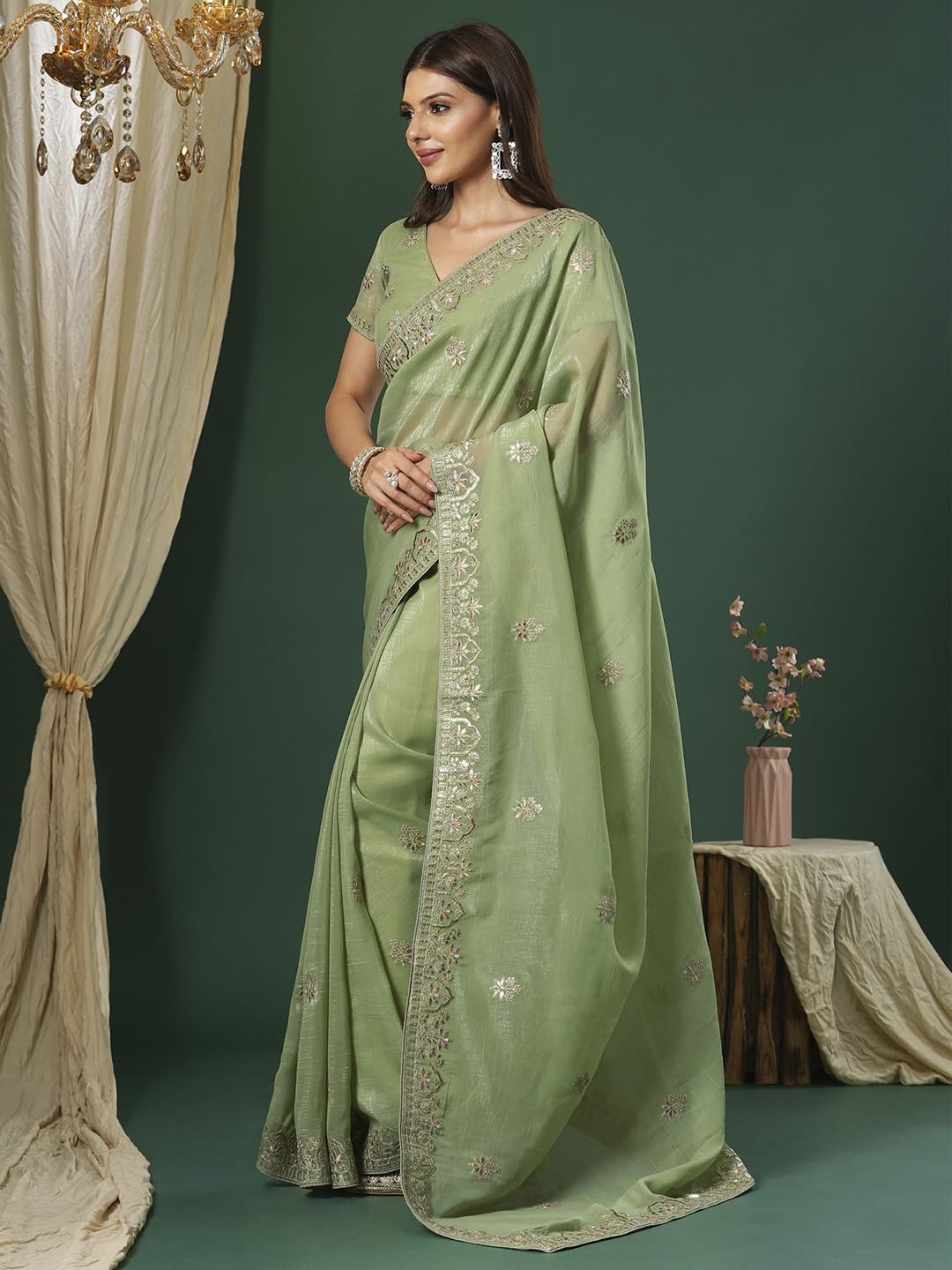 SAREE MALL Women's Light Green Satin Silk Embroidered Saree With Unstitched Blouse (KRIYNS5001_KH)