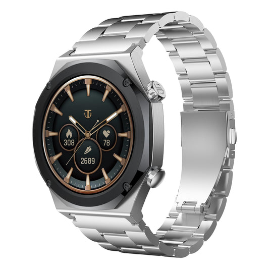 Titan Maestro 1.47" Zero Lag AMOLED Smart Watch for Man with SS316L Stainless Steel, BT Calling, 60Hz Refresh Rate, Health Tracking,10 Days Battery,Water & Dust Resistant, Extra Silicon Strap (Silver)