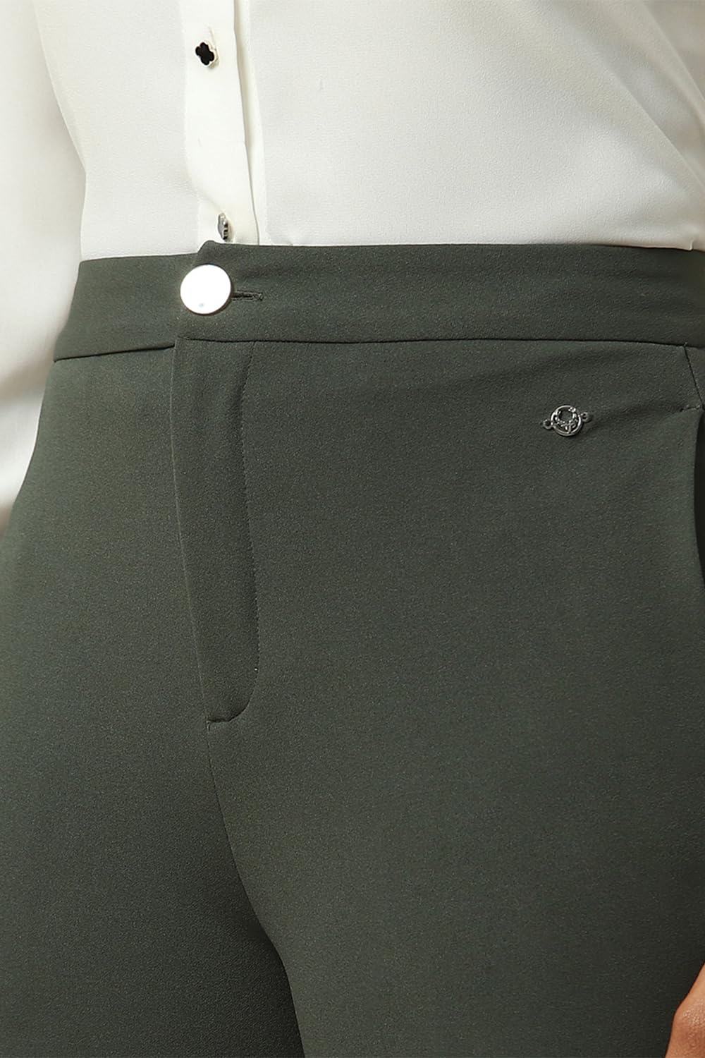 Women Olive Regular Fit Solid Formal Trousers