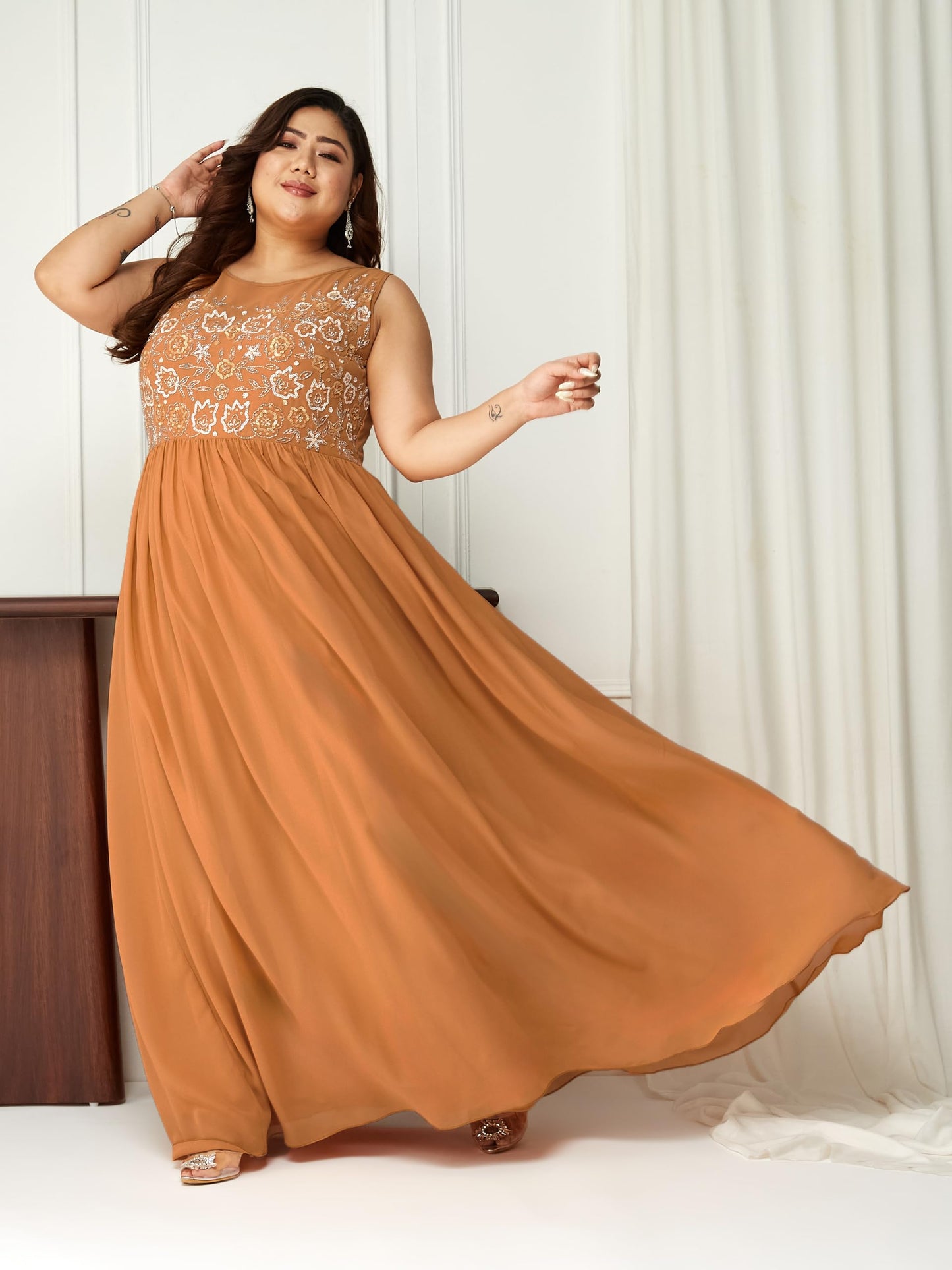 Miss Chase A+ Women's Boat Neck Sleeveless Embroidered Georgette Gathered Maxi Dress (APSS22D16-18-284-07, Dusty Orange, 2XL)