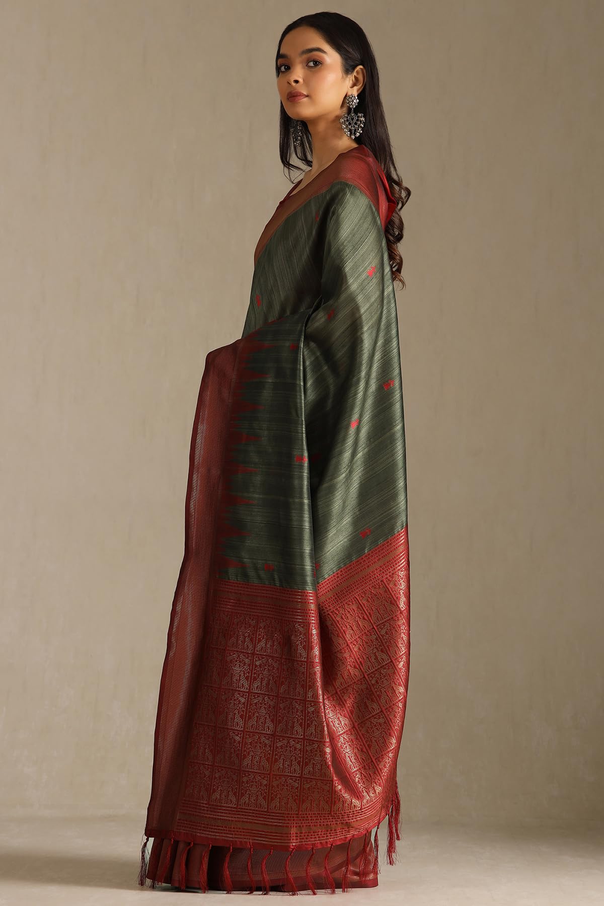 Soch Womens Olive Tussar Woven Design Saree