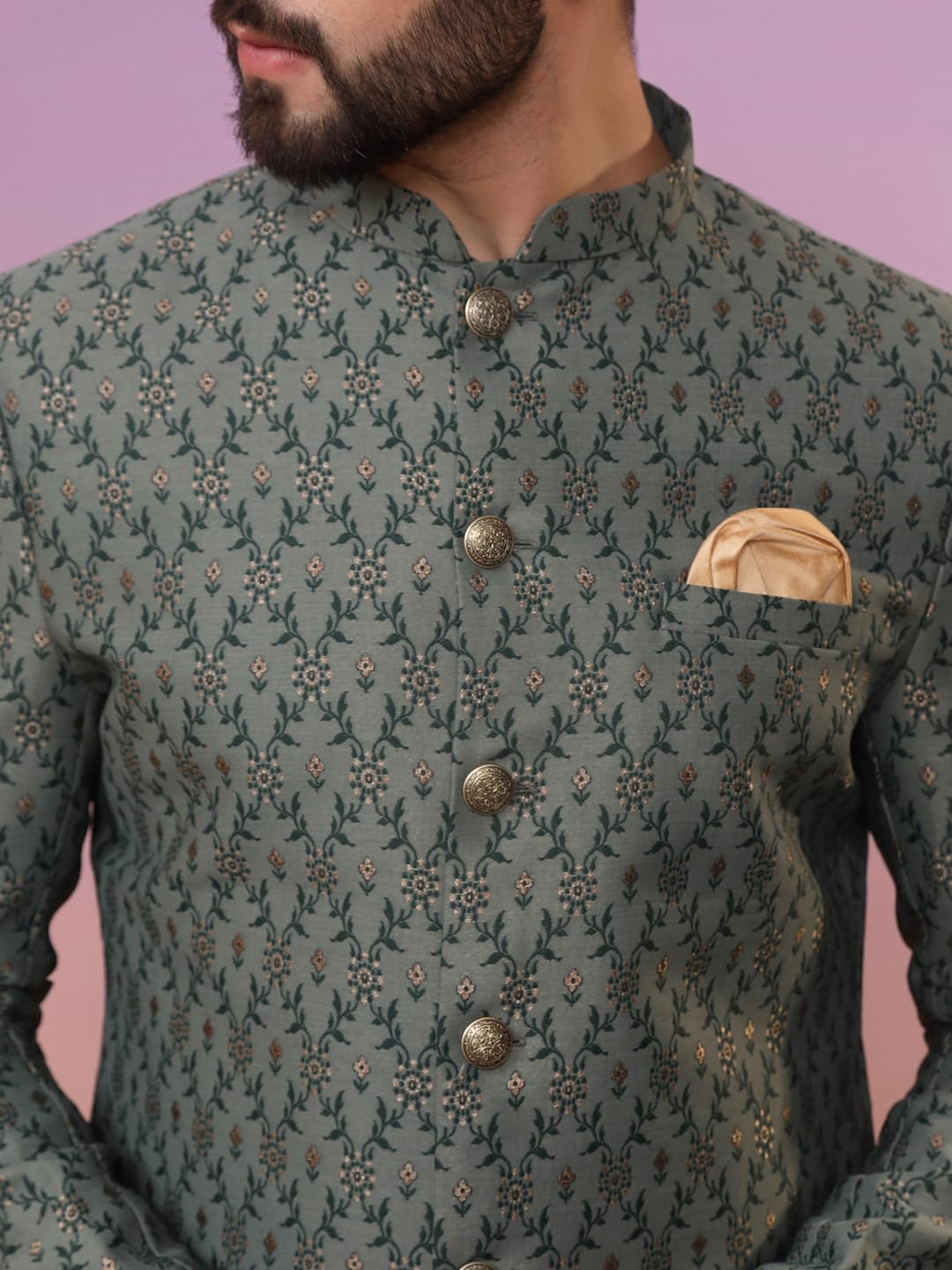 KISAH Men's Indo-Western Sherwani Dhoti Set, Green Silk Blend, Jacquard Regular Fit Mandarin Collar Long Sleeves (M)