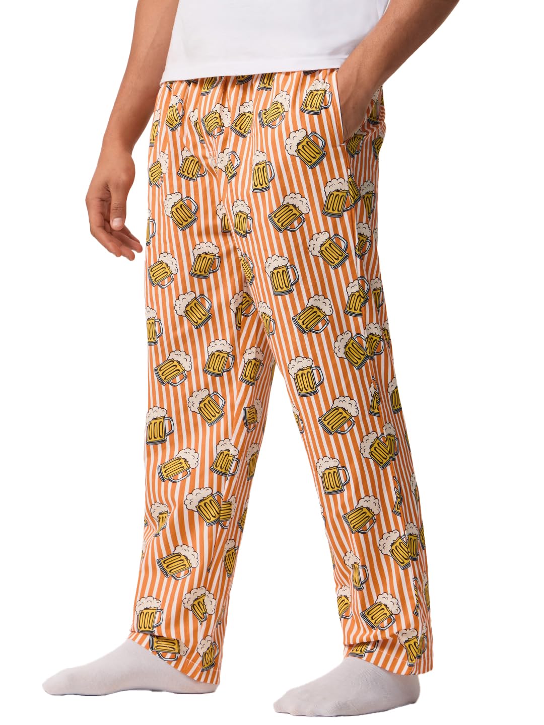 The Souled Store Beer Mug Men and Boys Elastic Waistband Orange and White All-Over Print Cotton Regular Fit Lightweight Sleepwear Pyjamas