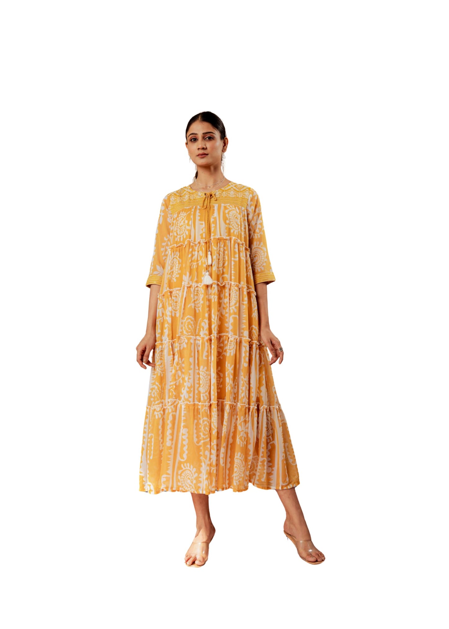 Juniper Mustard Ethnic Motifs Printed Man Made Fiber Tiered Long Dress