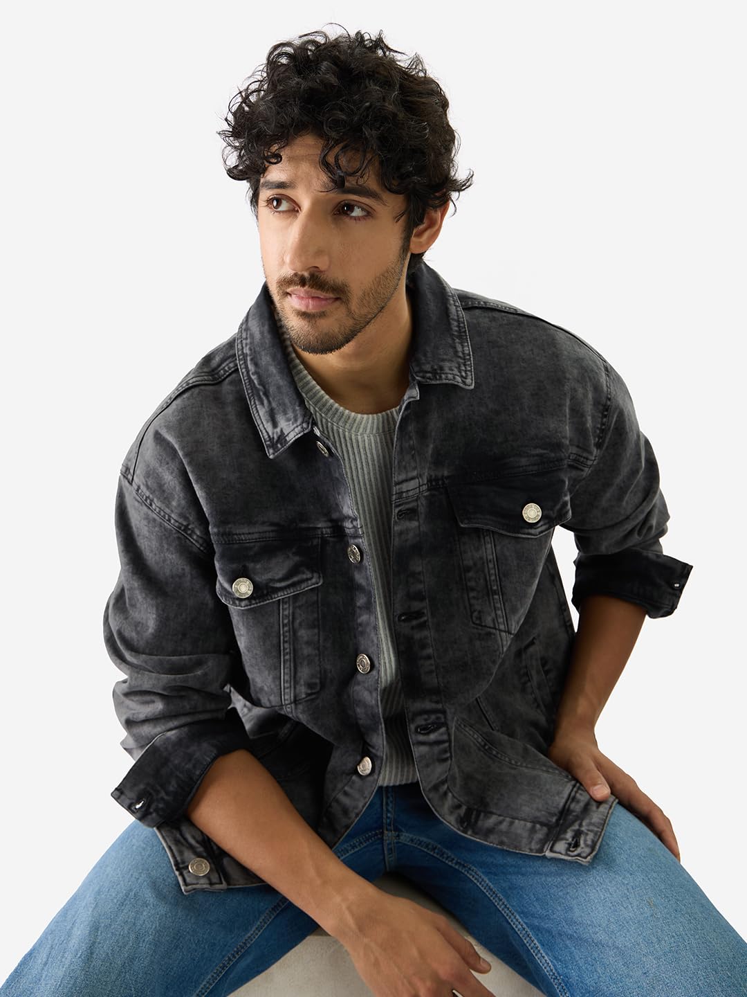 The Souled Store Solids: Ebony Oversized Fit Long Sleeve Collared Neck Button Front Denim Jackets for Men and Boys - Classic and Versatile Outerwear Essentials