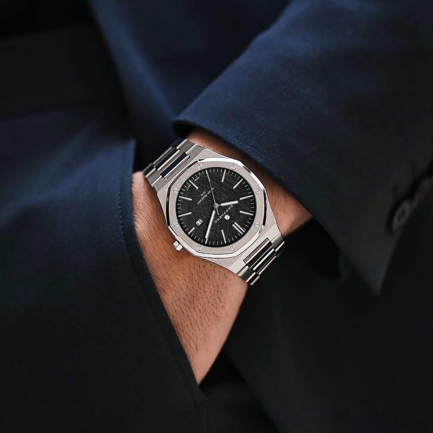 SAPPHERO Men's Watch Octagonal Stainless Steel 30M Waterproof Luminous Wristwatch Luxury Analog Quartz Watch for Men with Date Elegant Mens, Silver and black