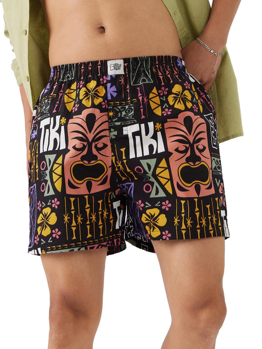 The Souled Store Tiki-Taka Men and Boys Elasticated Black All Over Printed Cotton Boxer Shorts