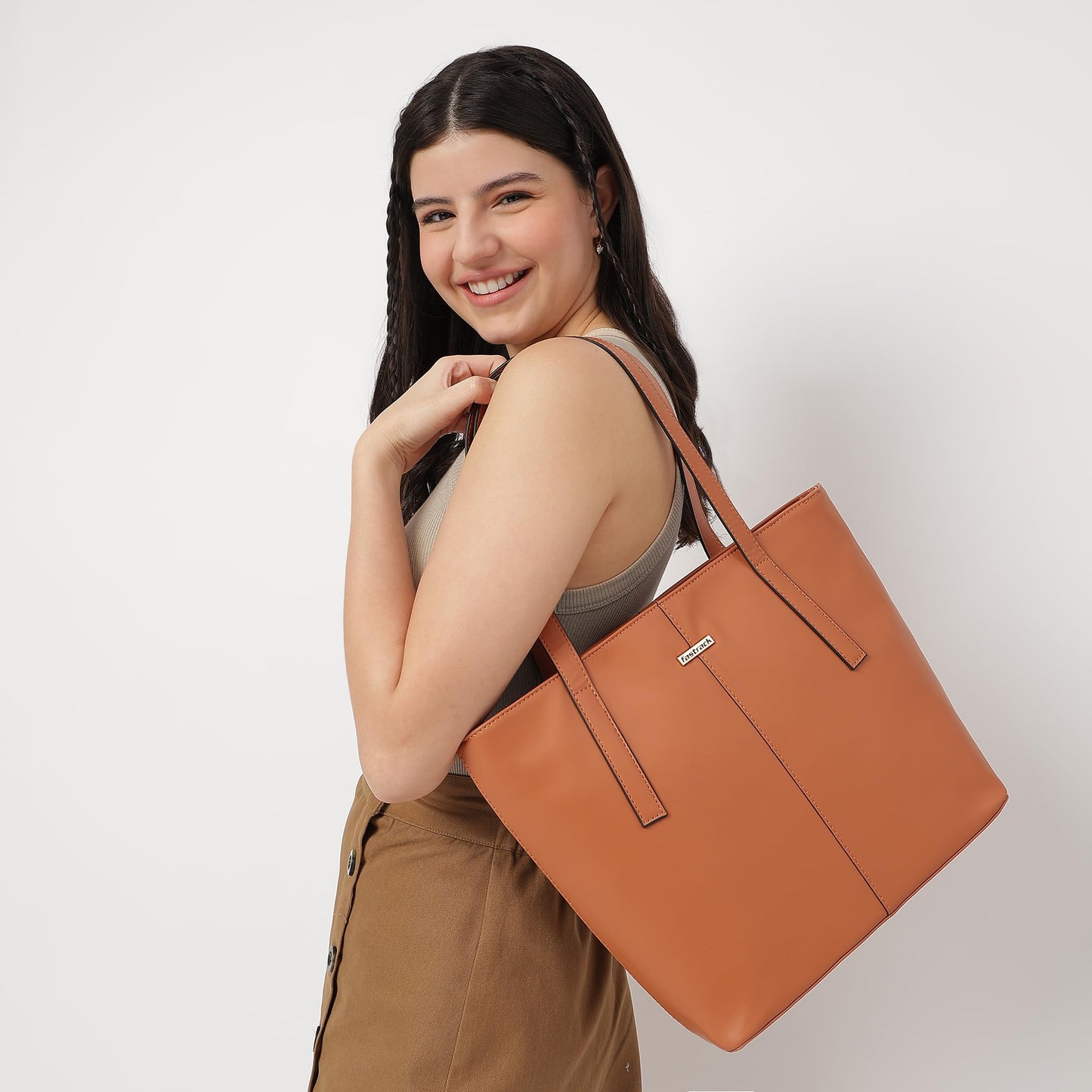 Fastrack Structured Solid Tote Bag for Women, Girls and Ladies with Top Zipper Closure | | Fits Upto 14" Laptop | Totes for Daily Office Use | Ladies Purse Handbag | Totes for Casual Carry