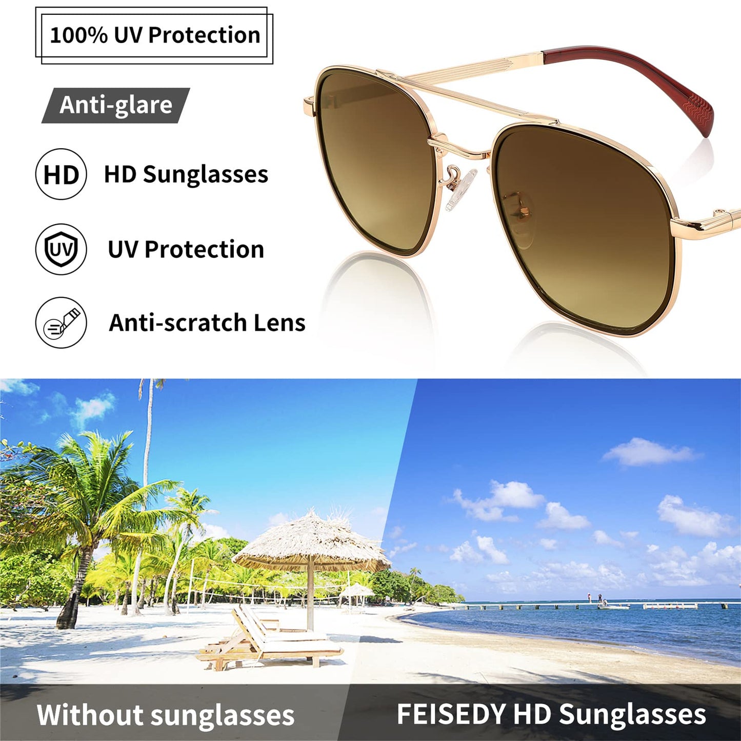 FEISEDY Women Men Square Aviator Sunglasses Gradient Lens Retro Small Metal Shades B2953 (55) (002 Golden Frame & Brown Gradient Lens)