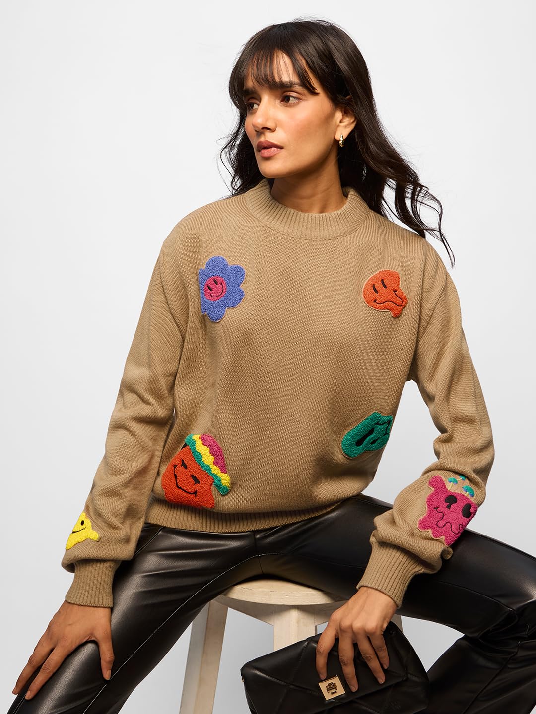 The Souled Store Originals : Trippy Smiles Cable Knit Women Oversized Sweater Beige