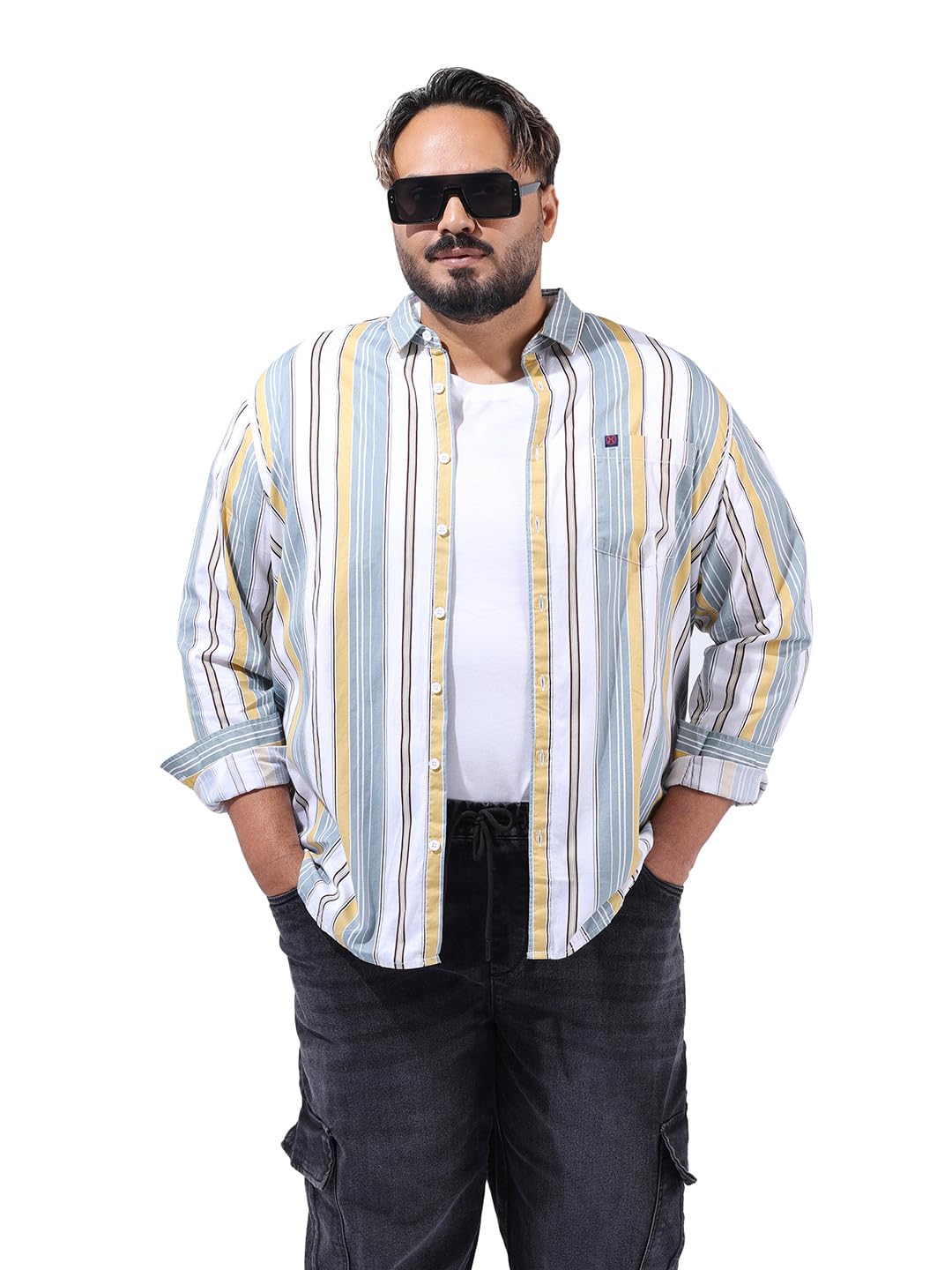 Hardsoda Men Plus Size Regular Fit Vertical Striped Casual Shirt (Green_5XL)
