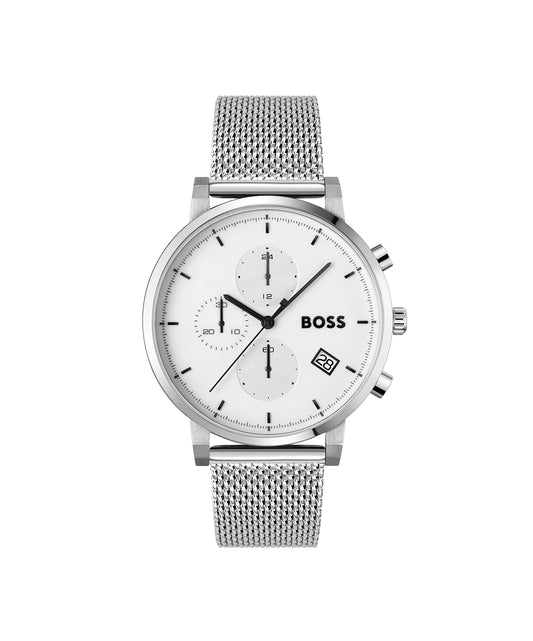 BOSS Integrity Qtz Fashion Chrono White Round Dial Men's Watch|Stainless Steel Material|Silver Color Band - 1513933