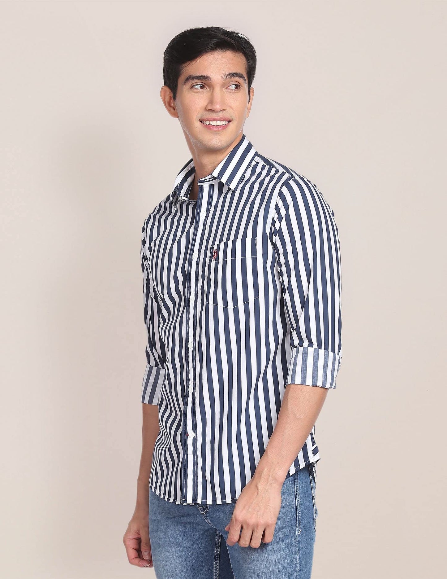 U.S. POLO ASSN. Mens Cotton Printed Stripe Fs Regular Fit Shirts (Usshtfx0072_Navy_Large)