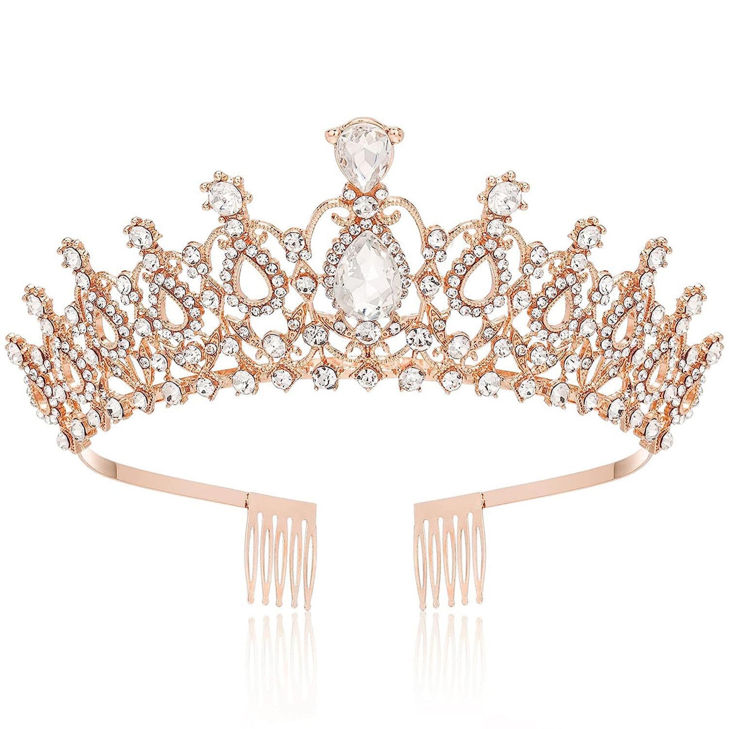 Shining Diva Fashion Crystal Tiara and Crown for Women Stylish Headband Crowns with Comb Tiaras for Girls Kids Queen Princess Wedding Bridal Birthday Gift Hair Accessories (Rose Gold) (15870hb)