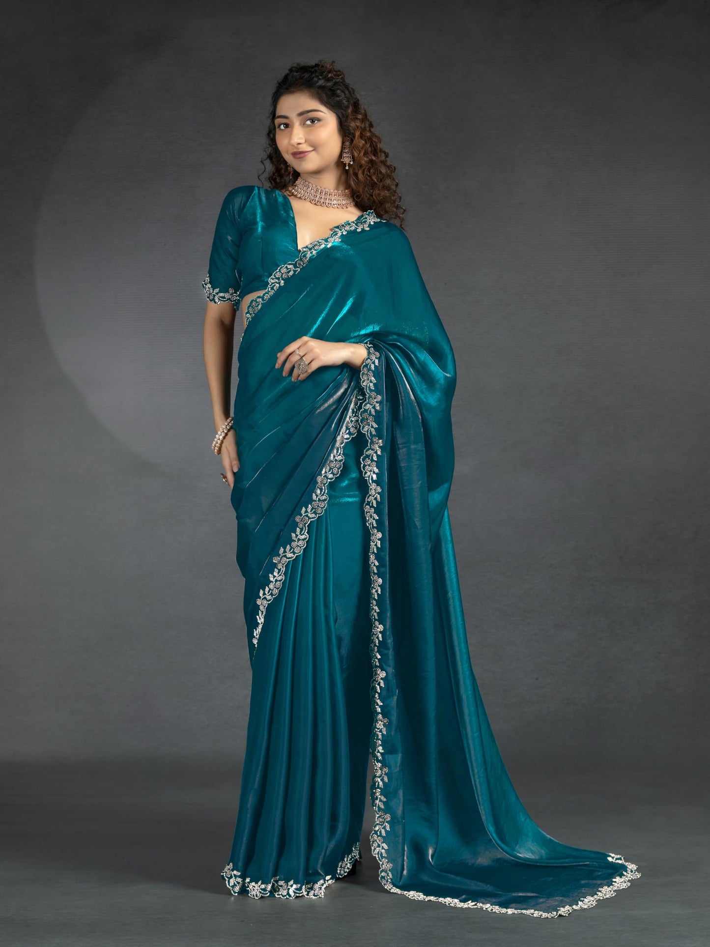 TRENDMALLS Women's Satin Zarkan Work Saree with Unstitched Blouse Piece (K1246-Morpeach)