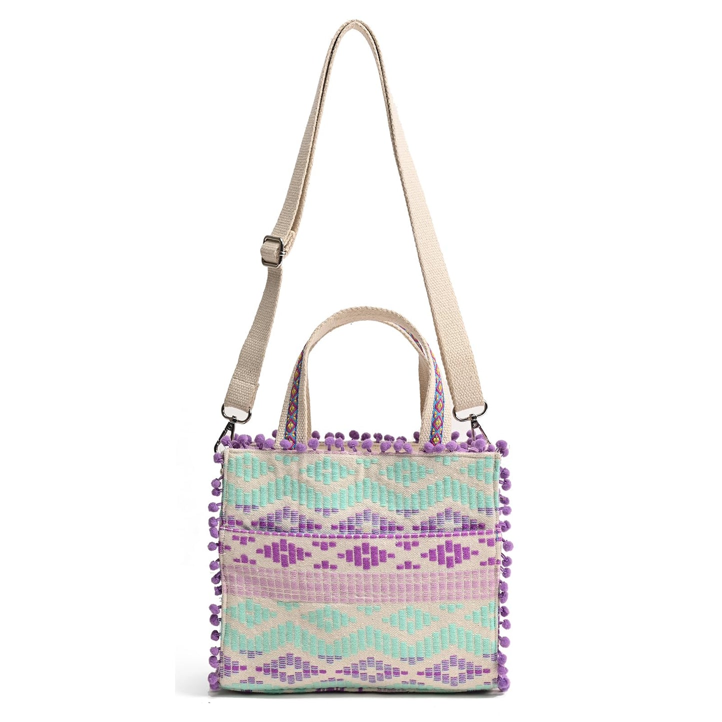 Boho Girl Lavender Blooms Embellished Jacquard Mini Tote for Women with Adjustable Strap | Ladies Purse Handbag | Wedding Gifts for Women | Birthday Gifts for Women | Handbag with Zip(BGB23-050)