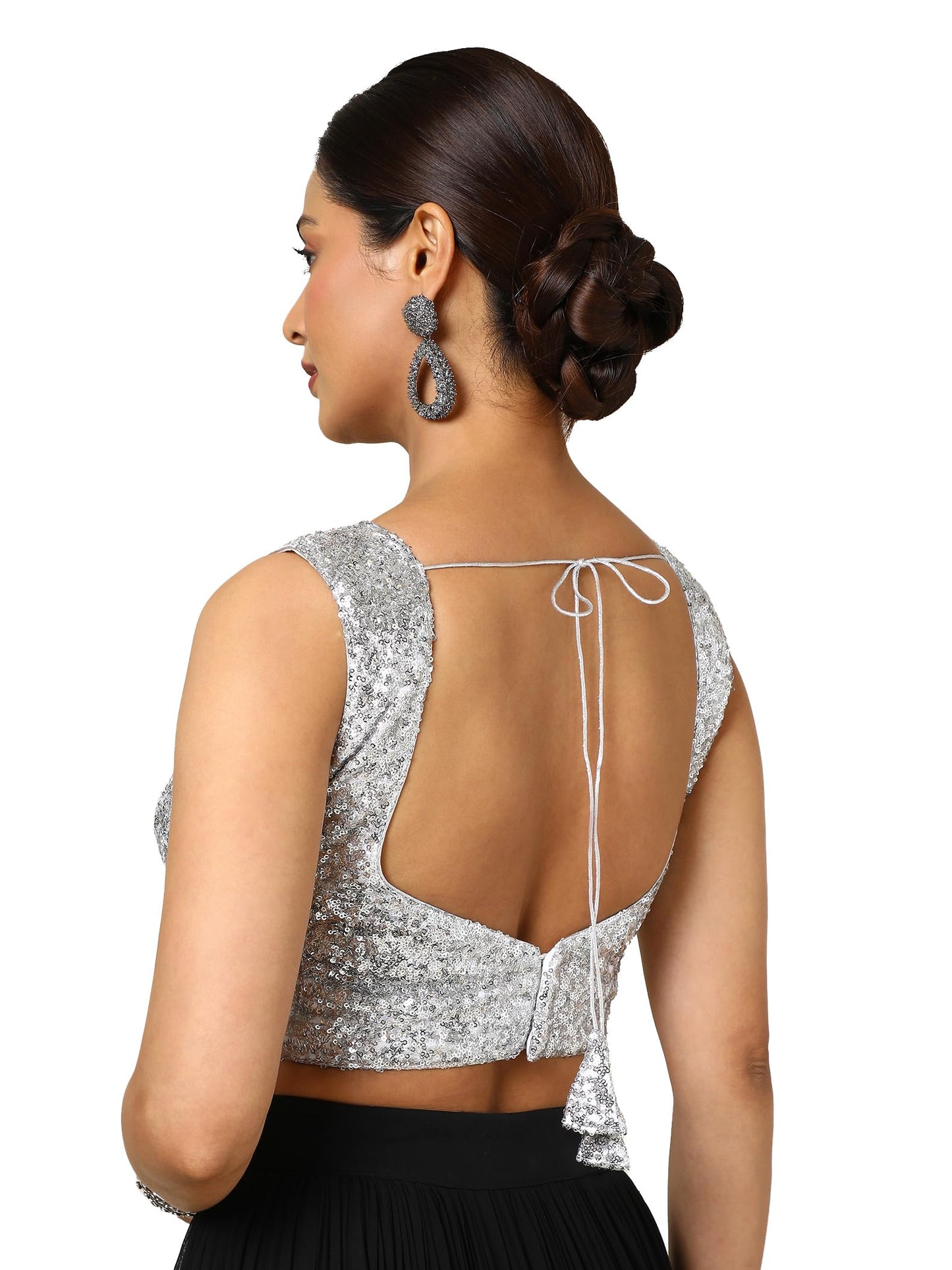 Soch Women's Georgette Embellished Sleeveless Regular Fit Blouse (BLHSSEQ00623_Silver 34)