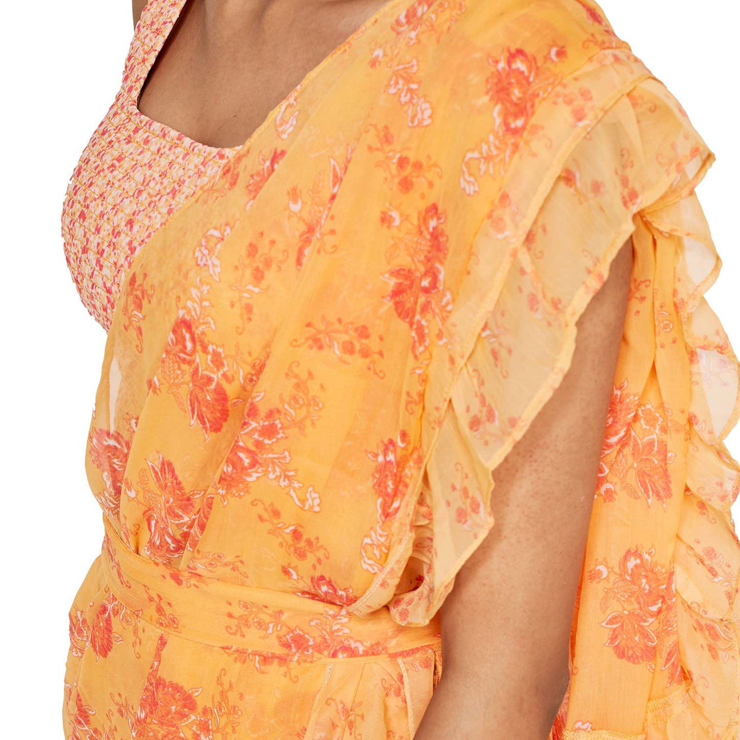 global desi Women's Polyester Stitched Saree (SS22GM037SSCH_Orange)