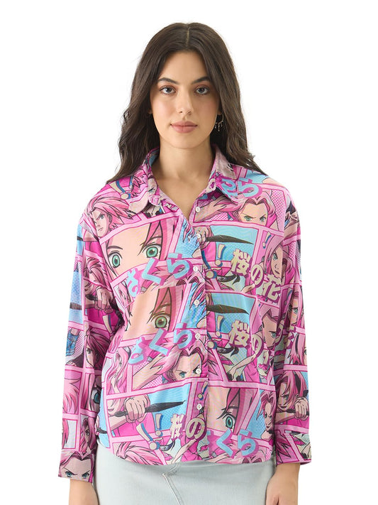 The Souled Store Mesh Shirt : Sakura Comic Panels Women and Girls Long Sleeve Collared Neck Button Down Pink Anime All Over Printed Rayon Boyfriend Shirts