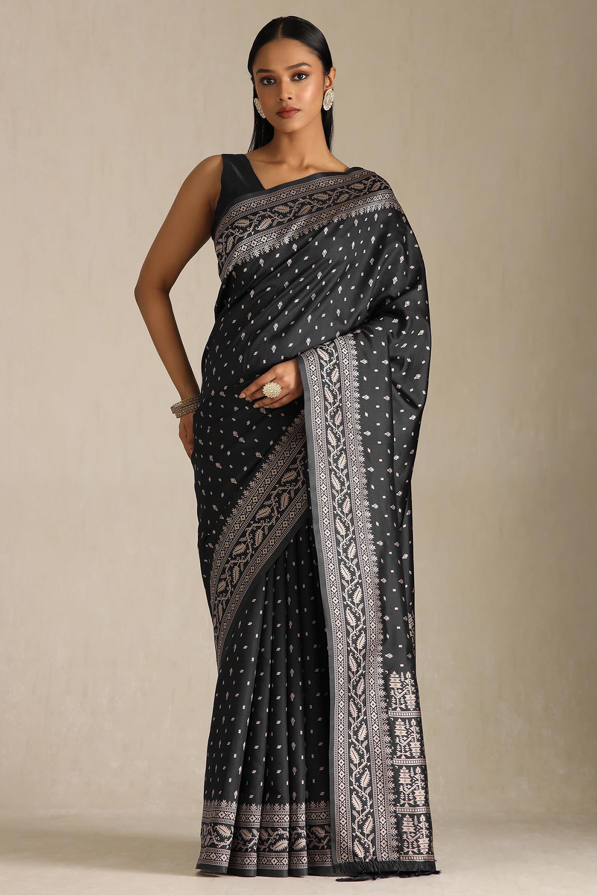 Soch Womens Black Tussar Woven Design Saree