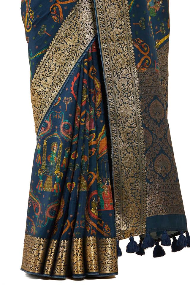 Soch Womens Navy Blue Crepe Saree With Ethnic Print And Zari Borders