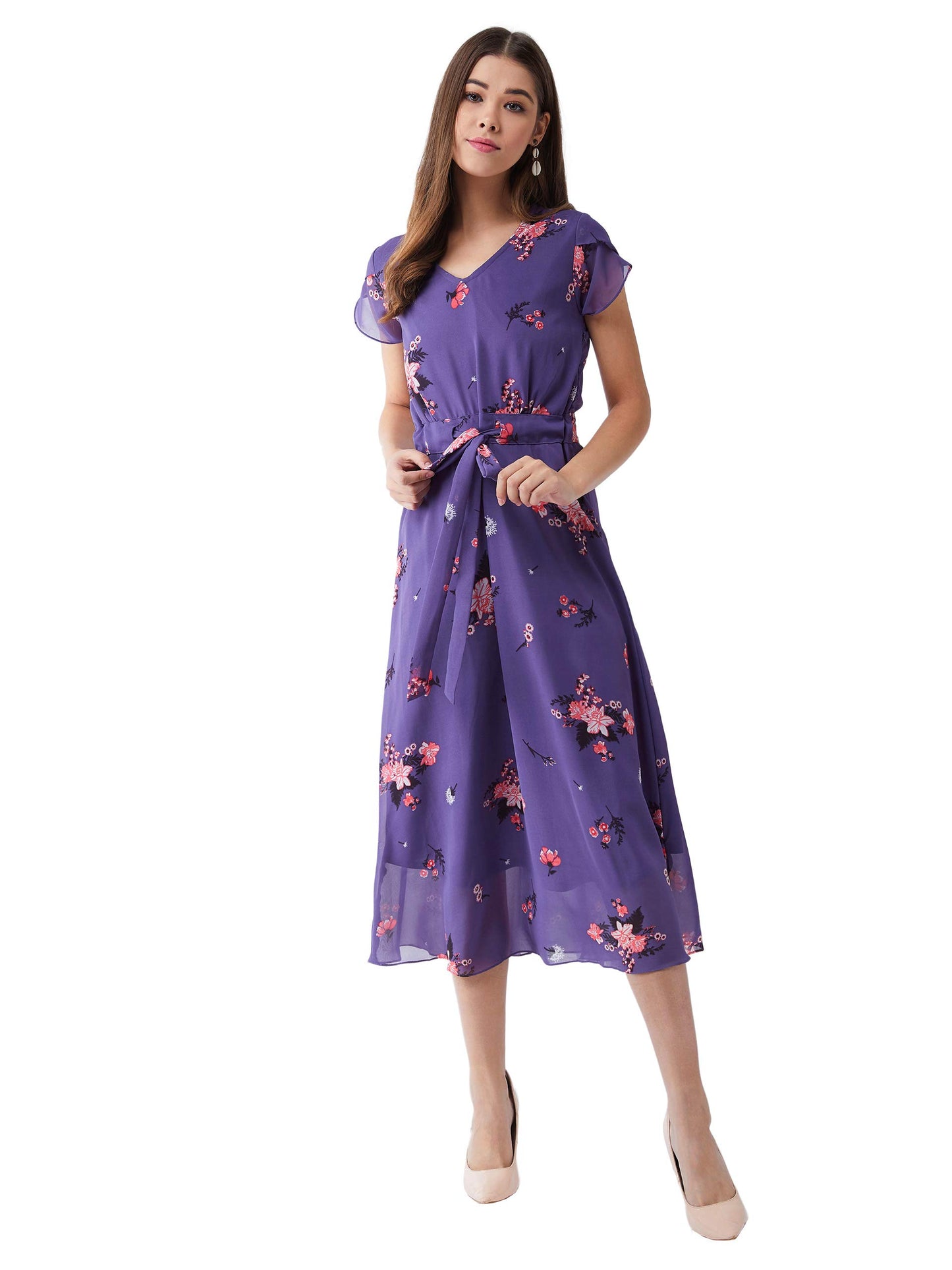 Miss Chase Women's Multicolored Base Lavender V-Neck Short Sleeved Floral Pleated Midi Dress (MCSS19D12-95-190-08, Multicolor-Base Purple, XXXL)