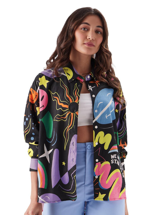 The Souled Store TSS Originals: Space Ace Women and Girls Short Sleeve Black All Over Print Button Down Boyfriend Shirts Oversized Shirts for Women Boyfriend Drop Shoulder Cotton Casual Half Sleeves