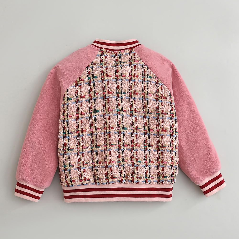 Hopscotch Girls Pink Full Sleeves Fabric Spliced Tweed Bomber Jacket For Age (6-7 Years)