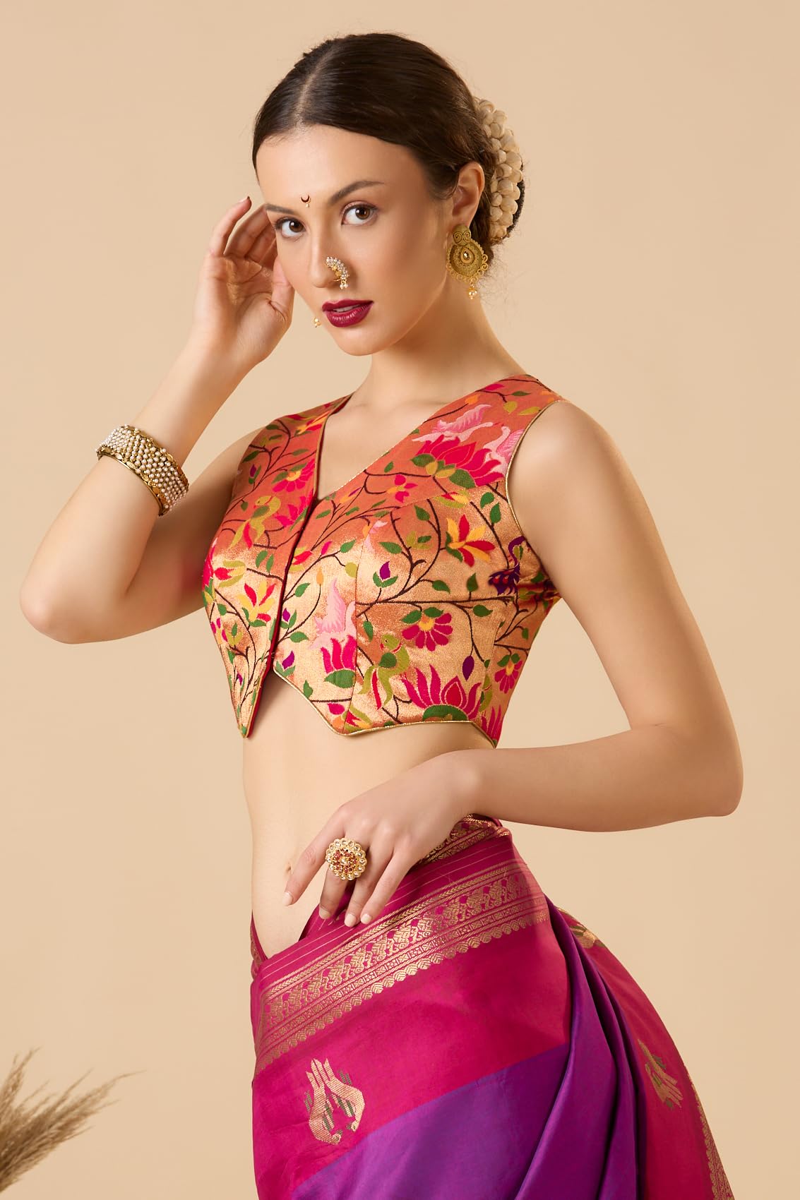 Rose Gold Paithani Silk Waistcoat Sleeveless Readymade Blouse