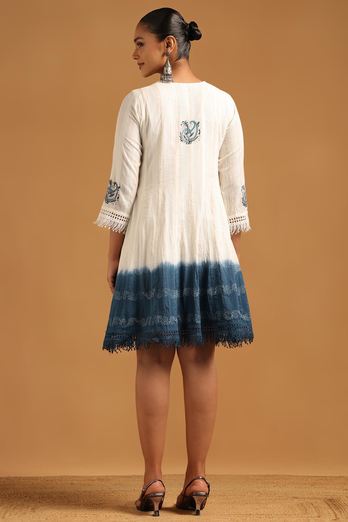 Soch Womens Off White Cotton Dobby Botanical Dress with Lace