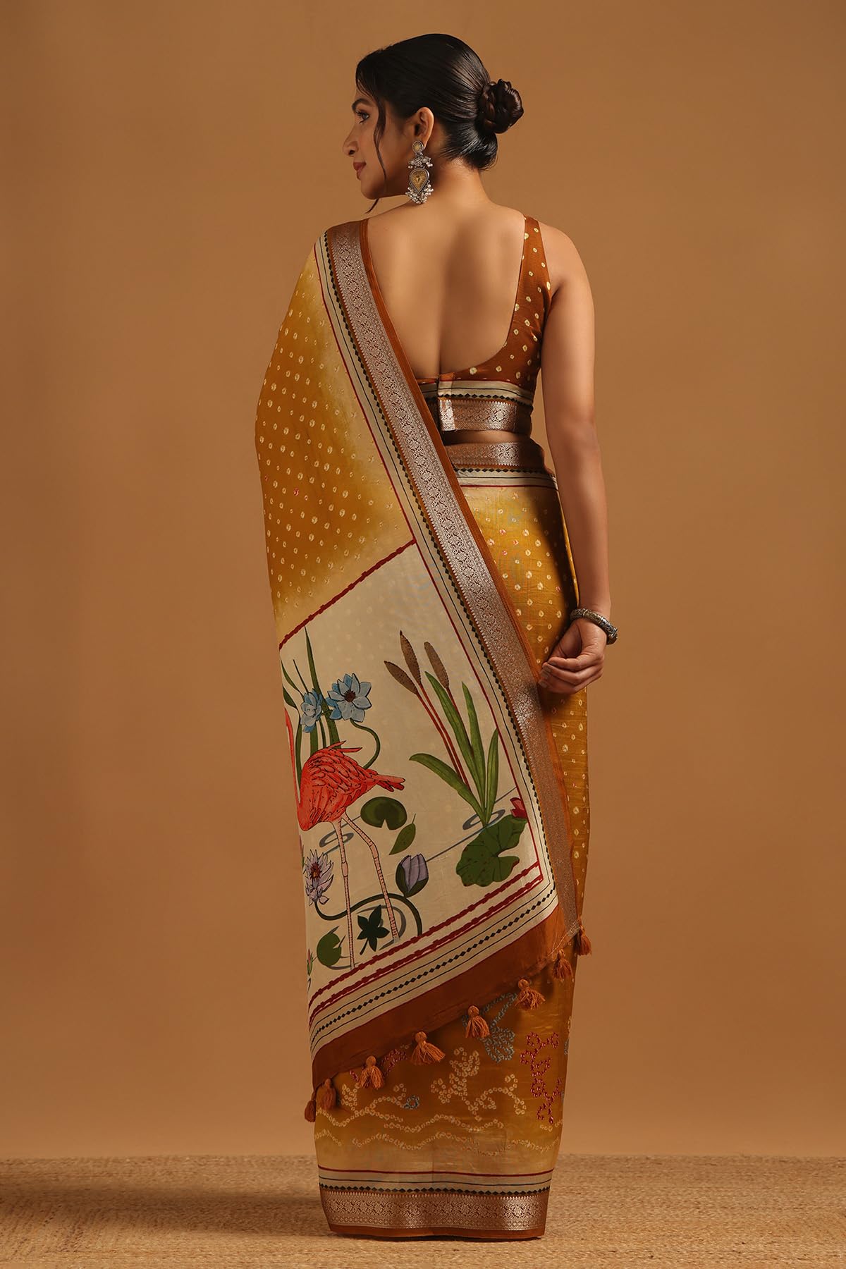 Soch Womens Gold Poly Viscose Bandhani Saree