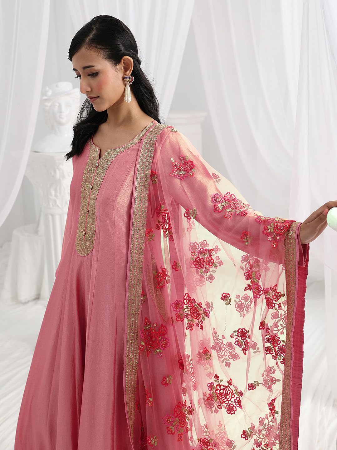 Libas Embroidered Silk Blend A-Line Ethnic Dress with Dupatta-93639XL