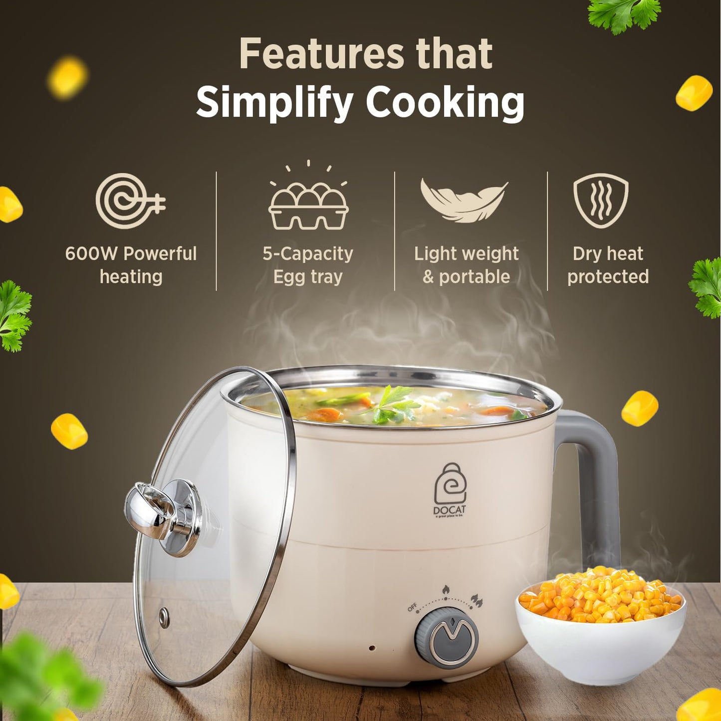 DOCAT Multi Cook Electric Kettle with Steamer 1.2 Liters Stainless Steel Non-stick Inner Pot, Adjustable Power Mode, Wide Mouth, Ideal for Boiling Milk, Tea, Coffee, Eggs & Steaming Veggies, 600 Watts