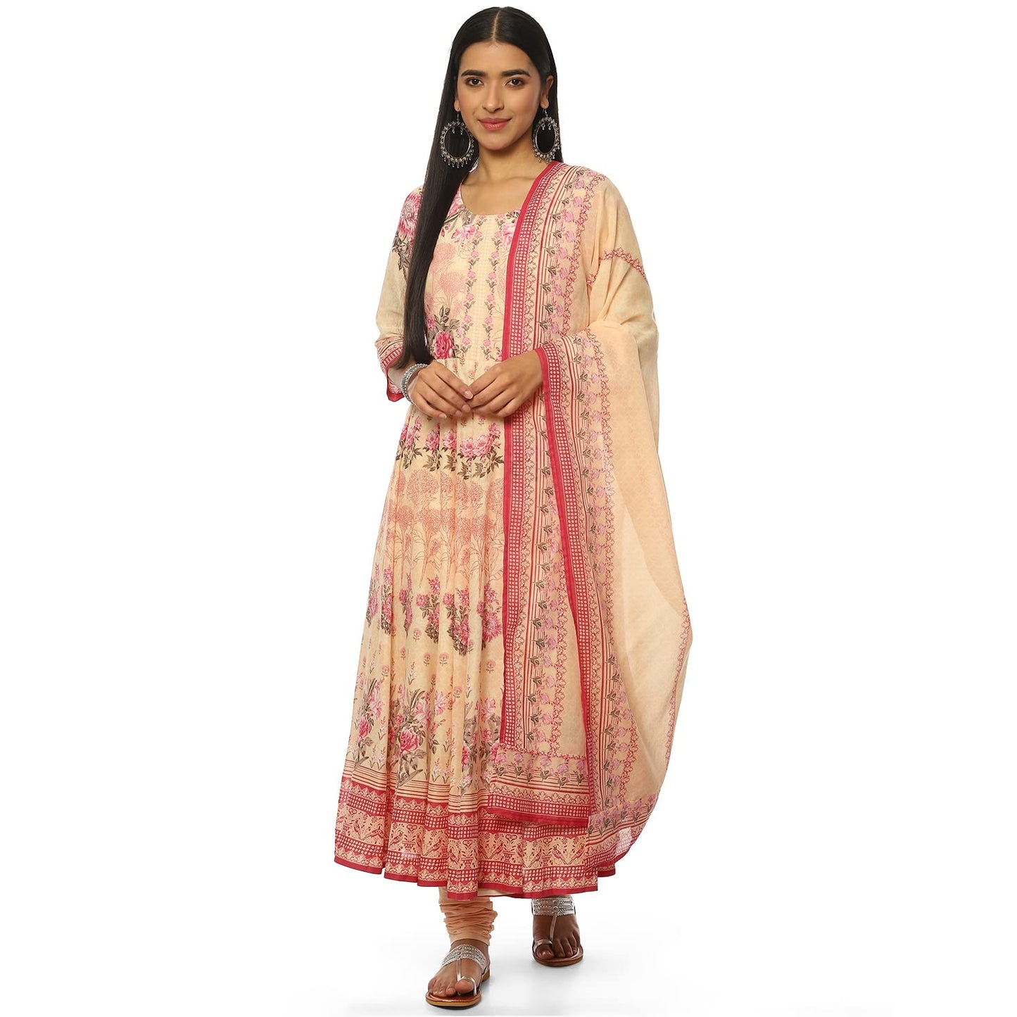 BIBA Voile Women's Printed Fitted Salwar Kurta Dupatta(Skdassorted8620_Pink_34)