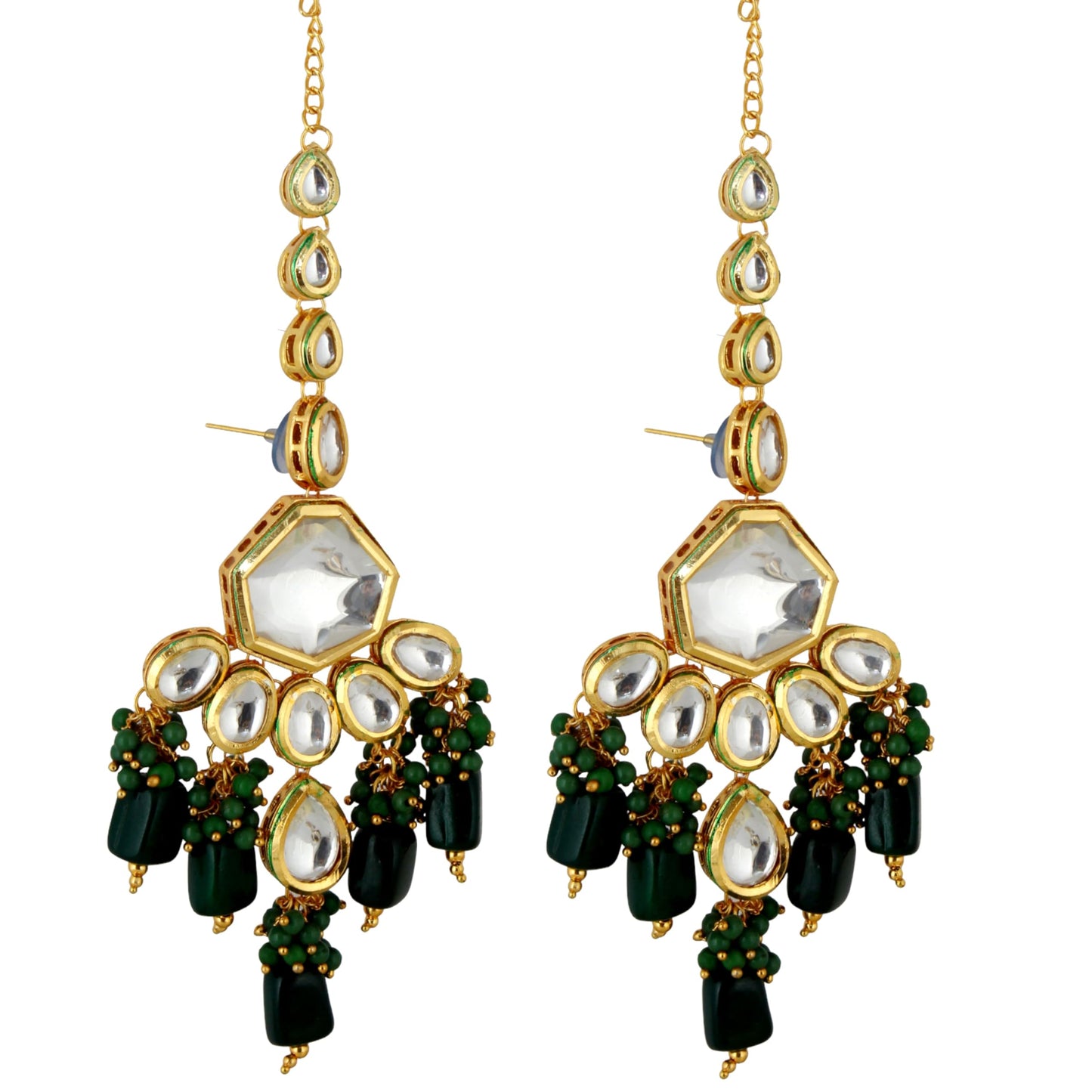 Lucky Jewellery Womens Back Meenakari 18k Gold Plated Green Color Tika Earring Combo Uncut Big Faux Kundan Choker Necklace Set (5910-M4SK-1574-G)