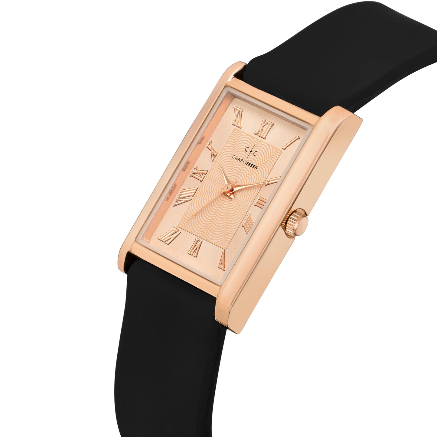 CHARLIEKEEN Slim Analogue Watch, Black Dial, Leather Strap (Rose Gold)