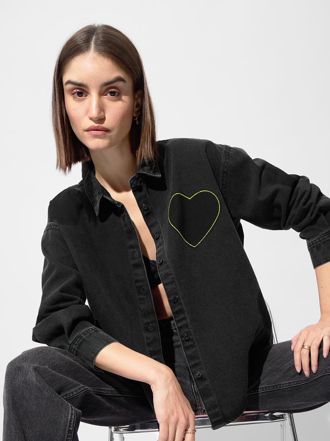 The Souled Store Originals: Little Hearts Denim Women and Girls Long Sleeve Oversized Fit Cotton Shackets