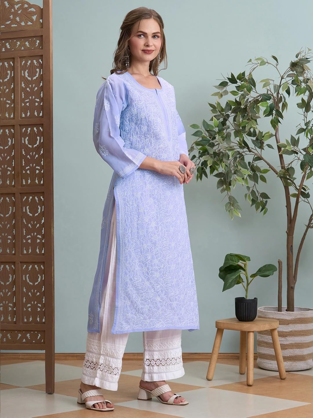 Ada Lucknowi Hand Embroidered Mauve Cotton Chikankari Kurta Kurti Tunic for Women A411790 (M)