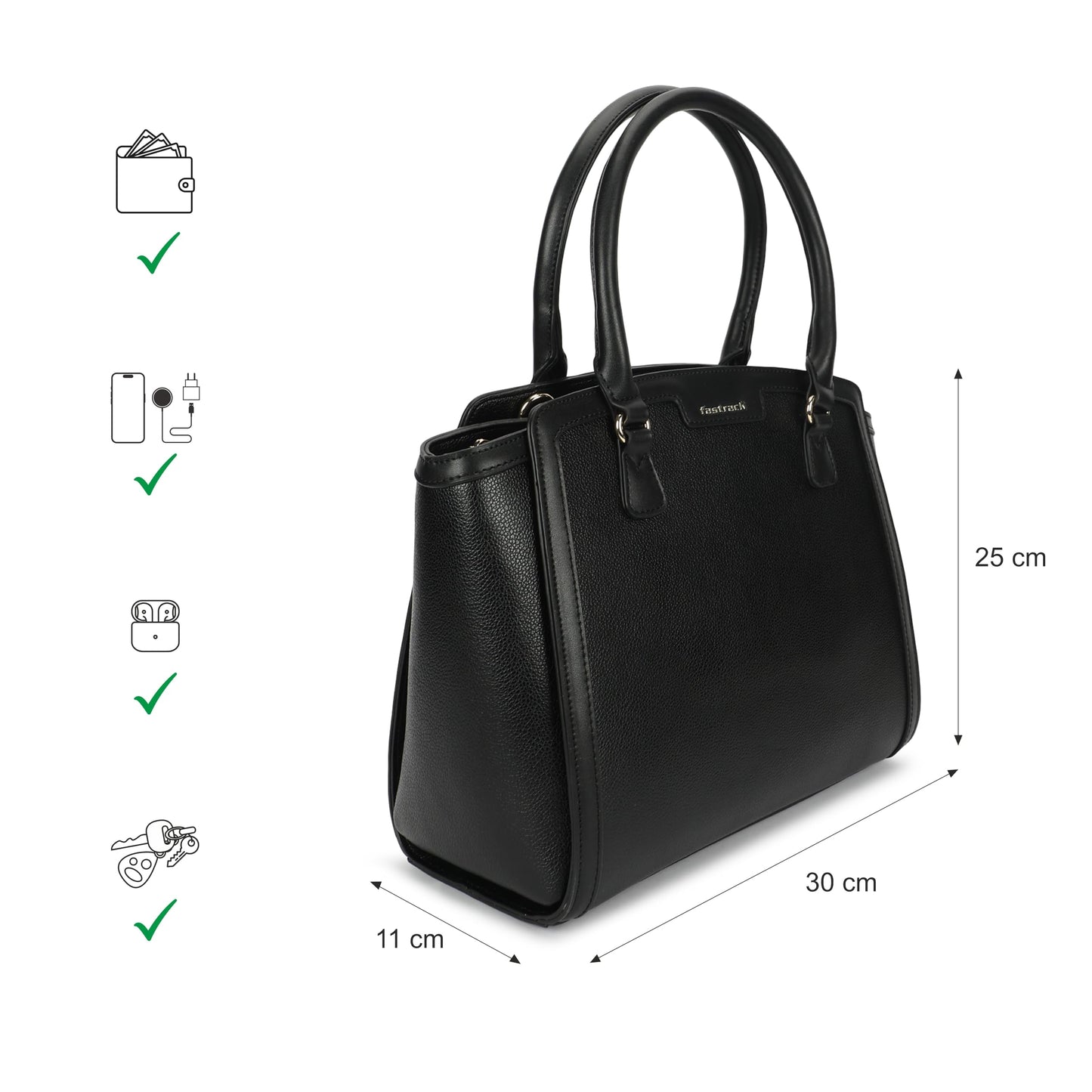Fastrack Black Core Satchel | Women’s Faux-Leather Handbag in Black | 2 Compartments, Zipper Pockets, External Pocket & Detachable Strap | Gold Hardware