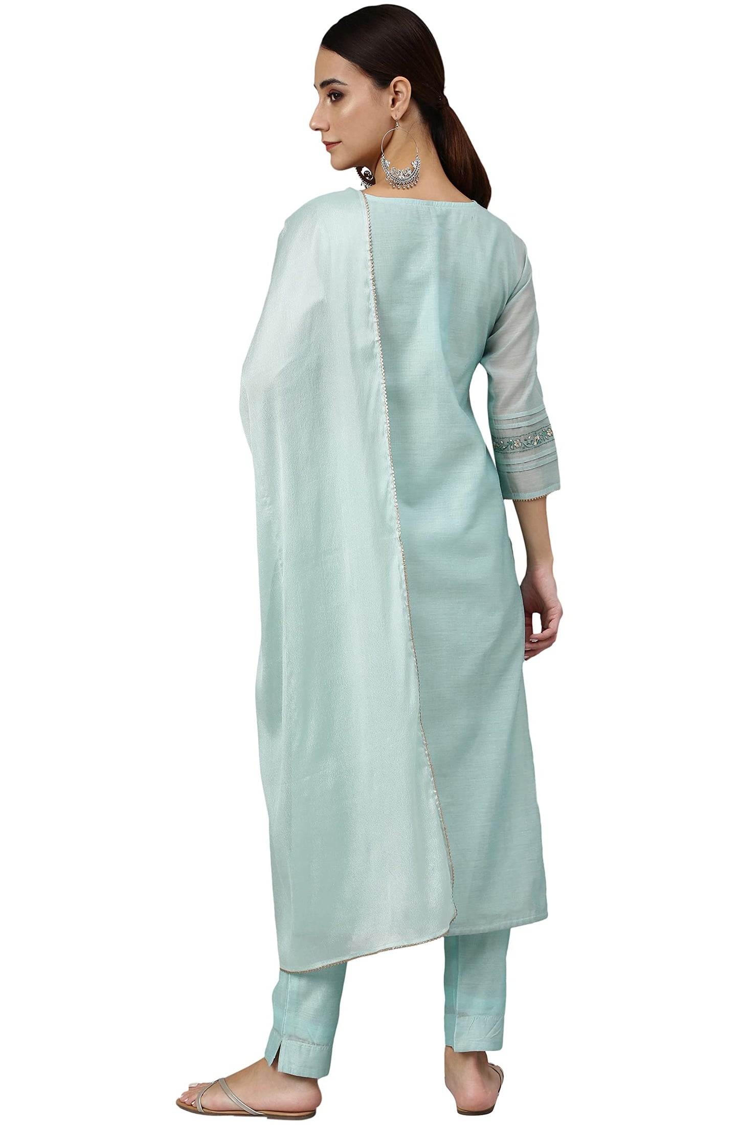 Janasya Women's Sea Blue Chanderi Silk Solid Kurta with Pant and Dupatta (SET561-KR-NP-RE-L)