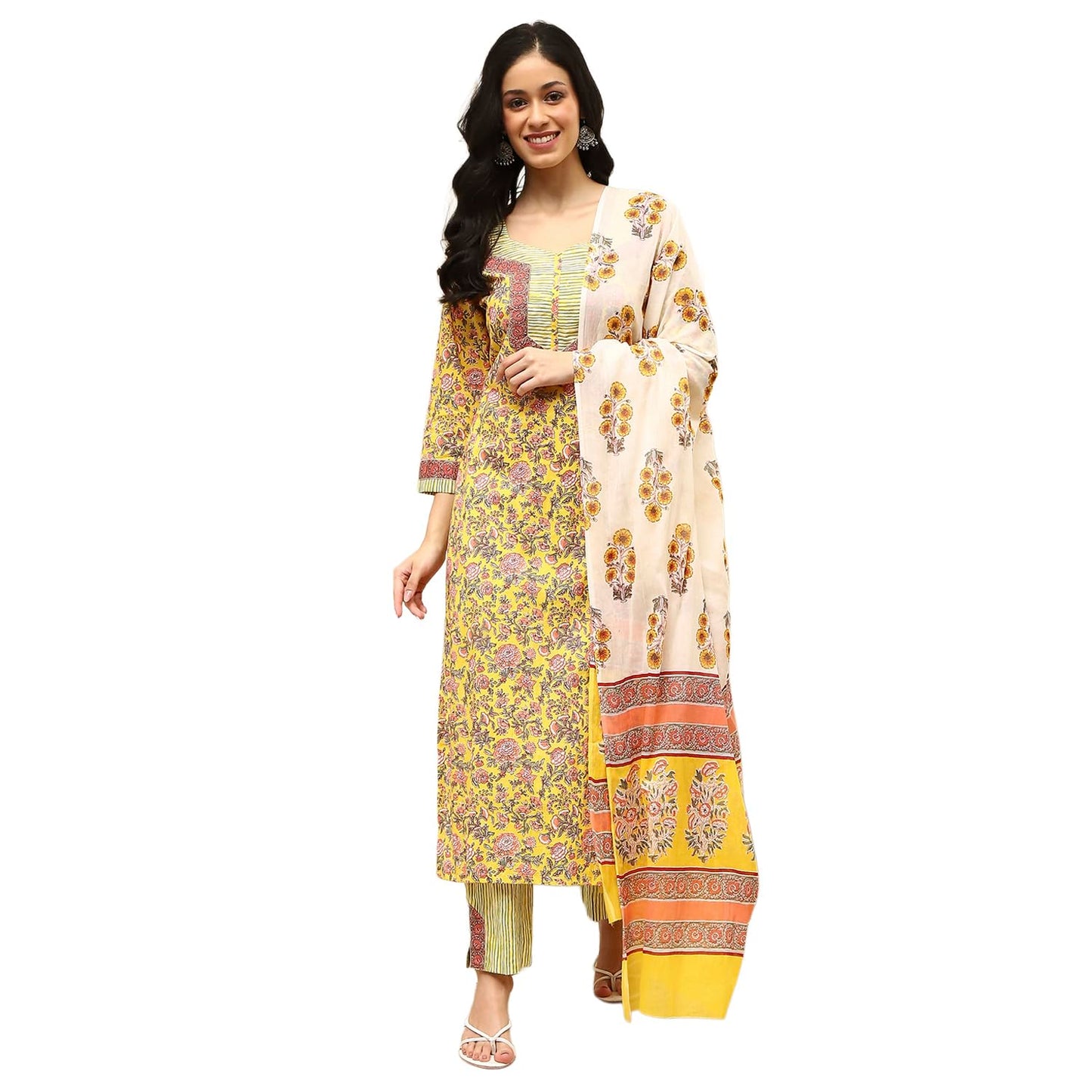 BIBA Women Yellow Cotton Screen Print Unstitched Suit Set_FREE SIZE