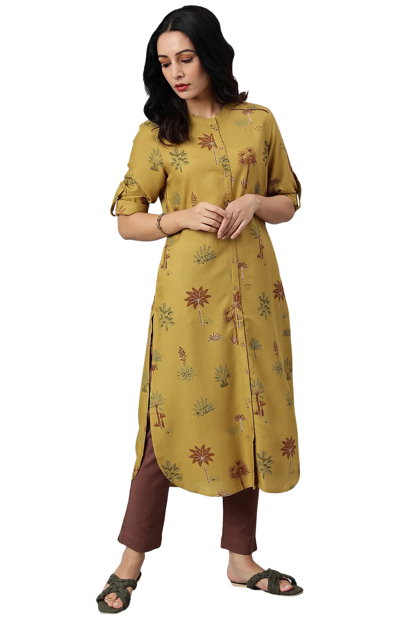 W for Woman Mustard Rayon Printed Button Down Kurta